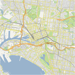 Map of Melbourne center in Australia in a normal road map style. Contains layered vector with roads water, parks, etc.