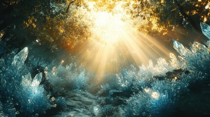 Fototapeta premium Enchanted Forest with Crystals and Sunlight Beams