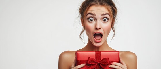 A surprised woman holding a red gift box, expressing excitement and joy for a special occasion or celebration.
