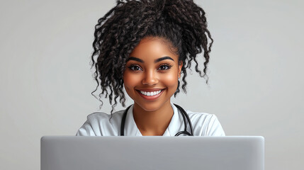 A healthcare professional smiles warmly while participating in a virtual consultation, showcasing a welcoming atmosphere in their workspace
