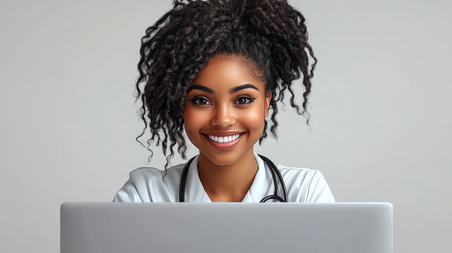 A healthcare professional smiles warmly while participating in a virtual consultation, showcasing a welcoming atmosphere in their workspace