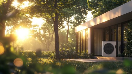 A modern home with a heat pump unit outside, surrounded by lush greenery and bathed in the golden light of the setting sun.