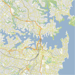 Map of Sydney Harbour in Australia in a normal road map style. Contains layered vector with roads water, parks, etc.