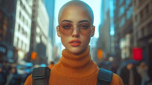 A young person with a shaved head and elegant glasses strolls in an urban environment, surrounded by vibrant architecture and city life