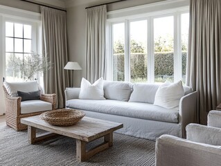 Fototapeta premium Light gray sofas, white pillows, gray woven rug, gray curtains, wooden coffee table