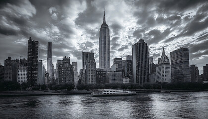 Fototapeta premium A black-and-white photo of a famous city skyline or iconic landmark, evoking a timeless, classic look