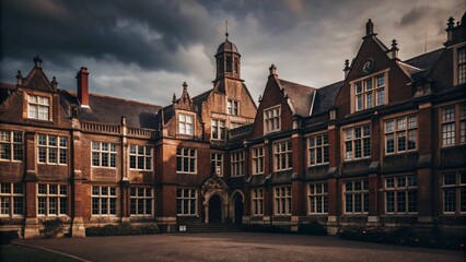Obraz premium Historic school architecture with ornate facade under dramatic sky