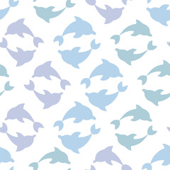 Three pairs of dolphins. Seamless vector pattern. Repeating ornament of sea mammals spinning in a circle. Isolated colorless background. Flat style. Ocean inhabitant. Idea for web design.