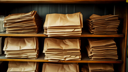 Naklejka premium Recycled Paper Grocery Bags Neatly Stacked on Shelf