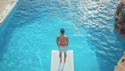 Young man standing on diving board overlooking clear blue water