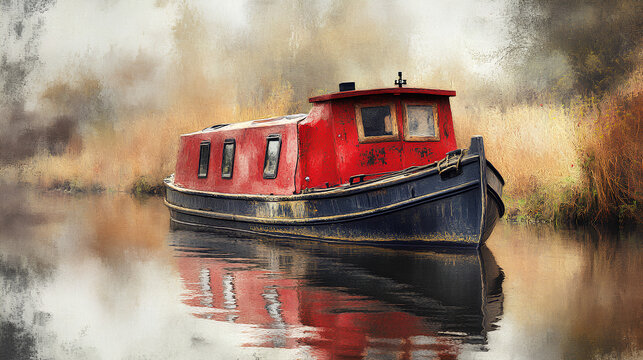 Traditional tole painting of a red canal boat or narrow boat with texture