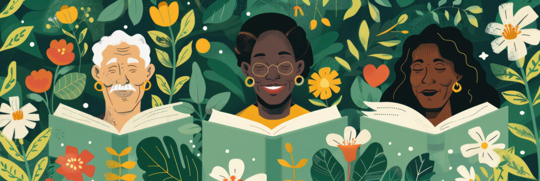 A diverse trio smiles while reading books, immersed in lush foliage and blooming flowers, celebrating the joy of literature together