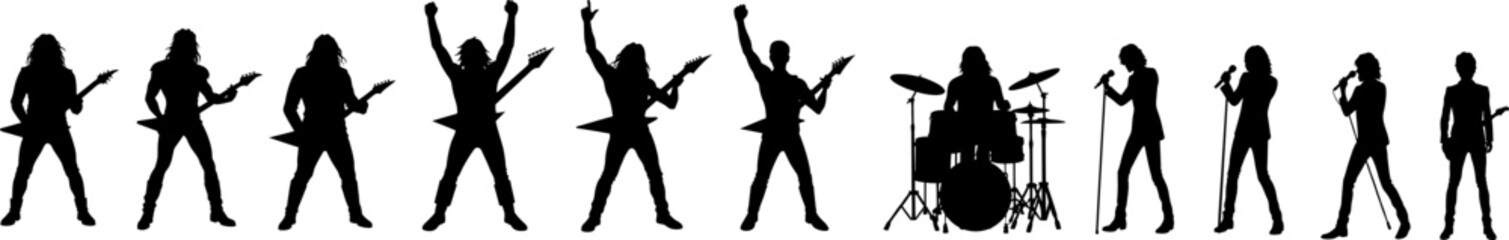 Set Metal und Rock Band  mit 11 Vektor Silhouetten der Musiker mit E-Gitarren - Sänger - Drummer - Design Grafik Elemente