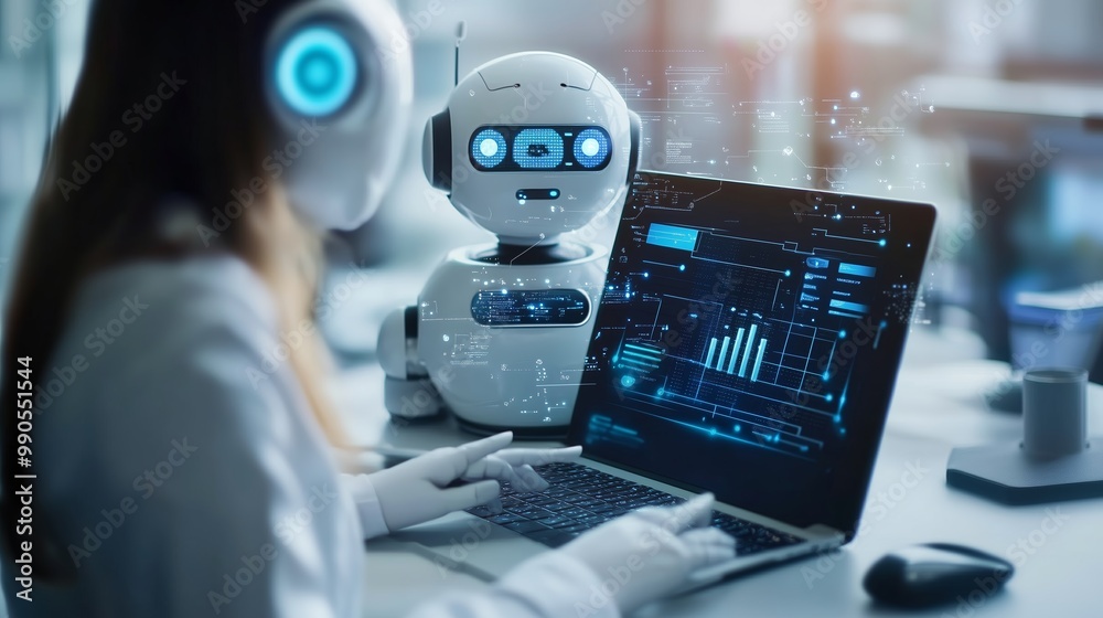 Poster a person working with a robot assistant on a laptop in a technology workspace during a modern collab