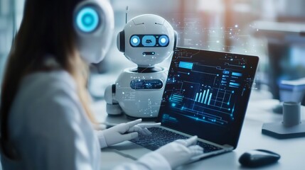 A person working with a robot assistant on a laptop in a technology workspace during a modern collaborative session