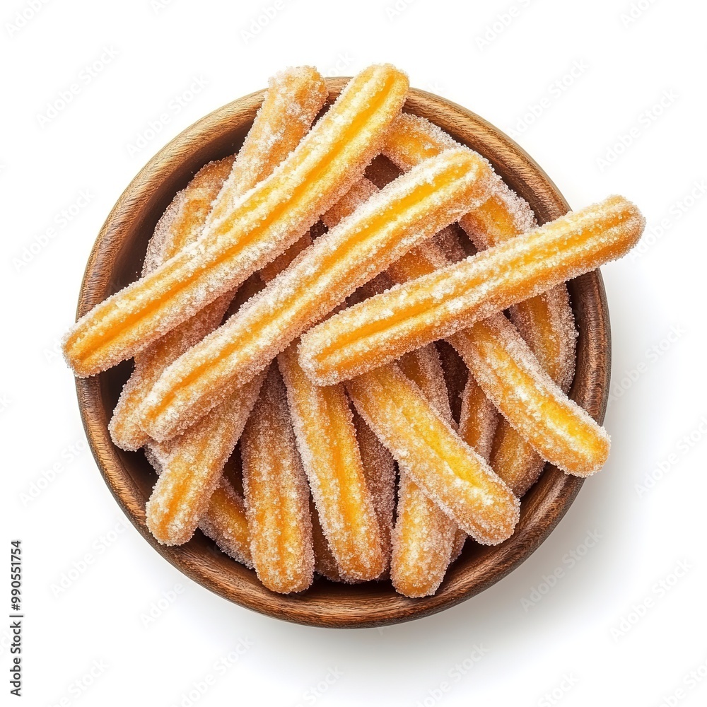 Poster Top view of sugar coated Churros representing Mexican and Spanish cuisine isolated on white background 