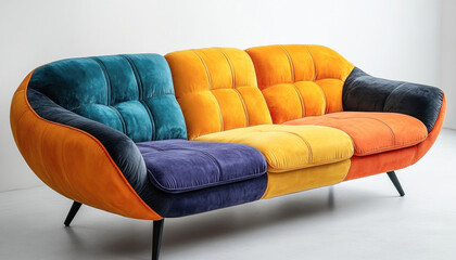 Multicolored sofa with rounded shapes standing in modern interior design