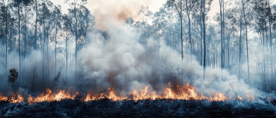 A dramatic scene depicting a wild fire spreading through a forest, enveloped in thick smoke and flames.