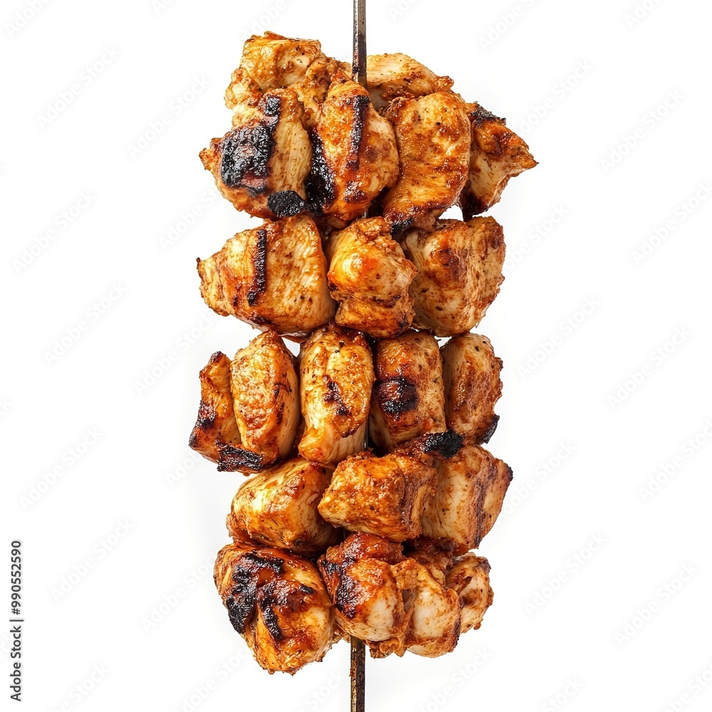 Poster shawarma Grilled skewered chicken on spit isolated on white background  