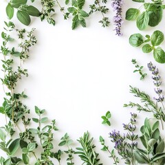 Fototapeta premium Rosemary mint lavender marjoram sage lemon balm and thyme layout Creative frame with fresh herbs on white background Top view flat lay Healthy eating and alternative medicine concept