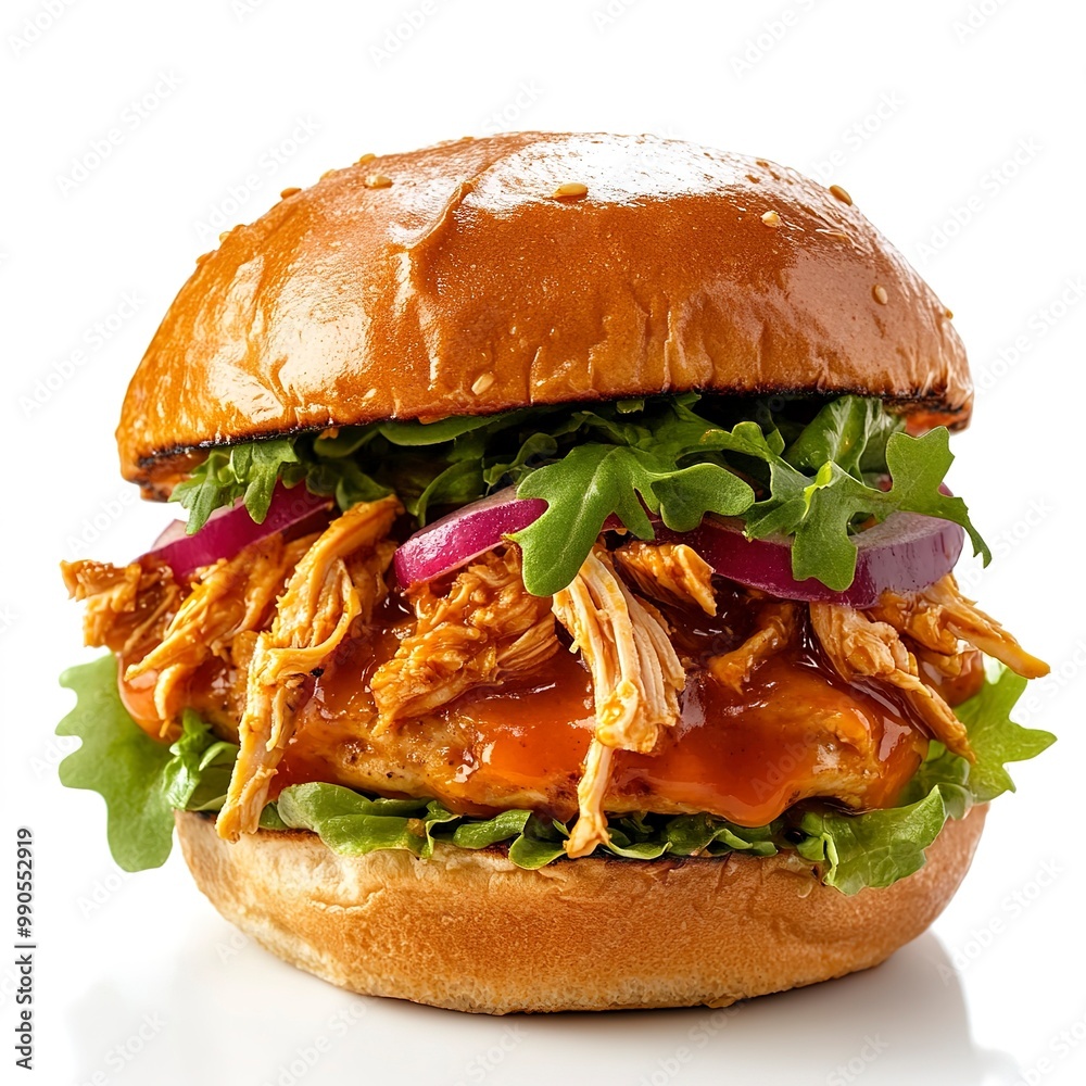 Wall mural Pulled chicken sandwich on isolated white background 