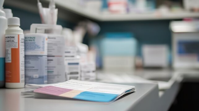 A medical setting with various bottles and informational pamphlets on a countertop.