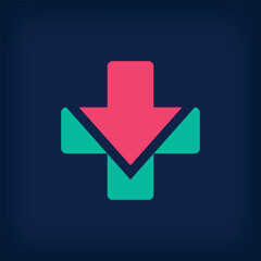 Health plus and downward arrow design and distinctive medical logo. Healthcare, clinical research and laboratory sectors.