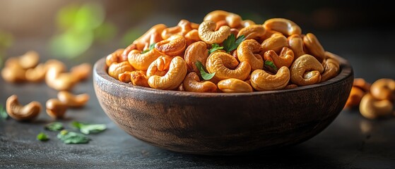 A rustic wooden bowl filled with roasted cashews, highlighting their goldenbrown color and rich texture