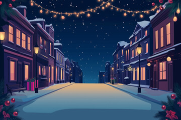 Festive snowy street with lights authentic Christmas copy space