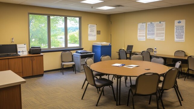 A meeting room with a round table, chairs, and office equipment for discussions.