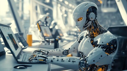 A humanoid robot sits at a desk in a futuristic office, typing on a laptop.