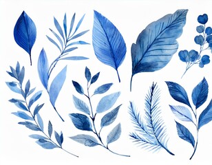 Obraz premium Indigo blue flower and leaf decoration with water color texture. 