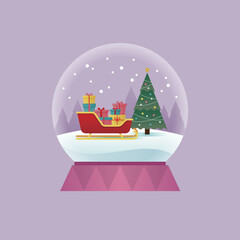 Vector illustration of a snow globe with a christmas tree and a sleigh inside.