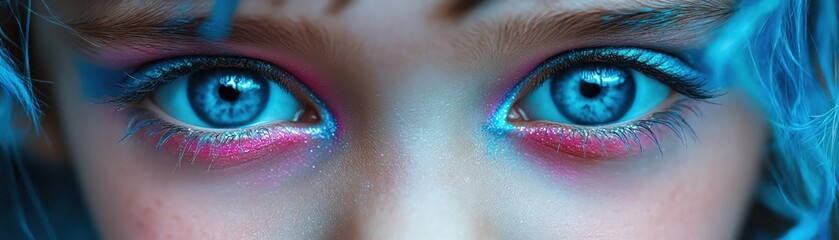 Child with blue and pink eye makeup, wideeyed gaze