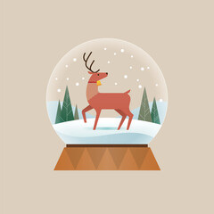 Vector illustration of a snow globe with a reindeer inside.