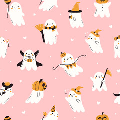 Halloween seamless pattern. Cute kawaii ghosts pink background. Autumn holiday party spooky print. Funny happy graphic fabric texture. Vector flat illustration