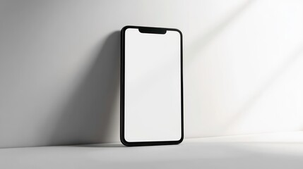 Black smartphone with white screen on a white table.