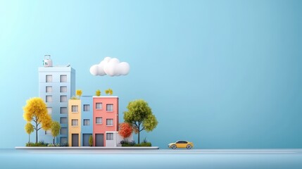 A vibrant cityscape featuring colorful buildings, trees, and a playful cloud against a blue background, ideal for urban themes.