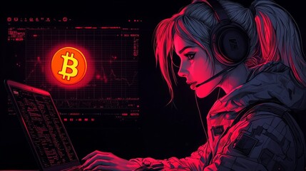 beautiful female hacker with laptop with orange bitcoin logo