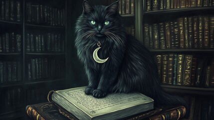 Black cat with green eyes on an old book