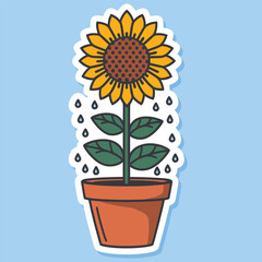 Sunflower with Green Leaves in a Brown Pot Illustration