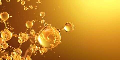 oil molecular or atomic structure shiny glass golden background. Abstract concept of medical, science, technology energy research experiments laboratory research chemical reaction.3D Illustration.