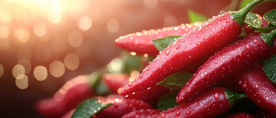 Fresh red chilies with dewdrops, glowing in the warm morning light