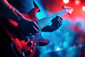 Obraz premium A professional guitarist plays an electric guitar on stage during a concert. The close-up captures the intensity and passion of the performance, with the dazzling stage lights creating a