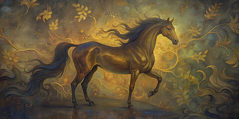 A majestic golden horse runs gracefully against a vintage floral background, showcasing power, beauty, and elegance in a timeless and artistic representation