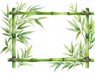 Obraz premium Bamboo frame isolated on white background. Bamboo with green leaves. Hand painted watercolor illustration. Realistic botanical art. Template