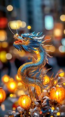 Fototapeta premium Serpentine Chinese dragon in flight over a bustling festival full of lanterns