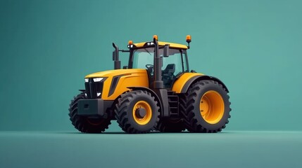 Fototapeta premium Bright yellow tractor on a teal background, perfect for agricultural, construction, or vehicle-related projects.