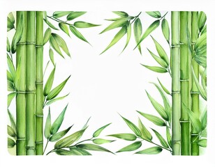 Obraz premium Bamboo frame isolated on white background. Bamboo with green leaves. Hand painted watercolor illustration. Realistic botanical art. Template