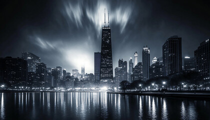 Obraz premium A black-and-white photo of a famous city skyline or iconic landmark, evoking a timeless, classic look